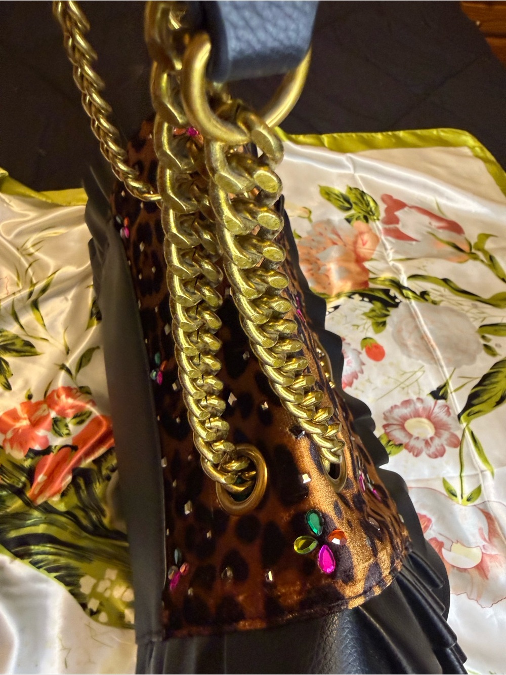 Betsey Johnson Leopard Rhinestone Ruffle Chain Shoulder Bag - Picture 7 of 15